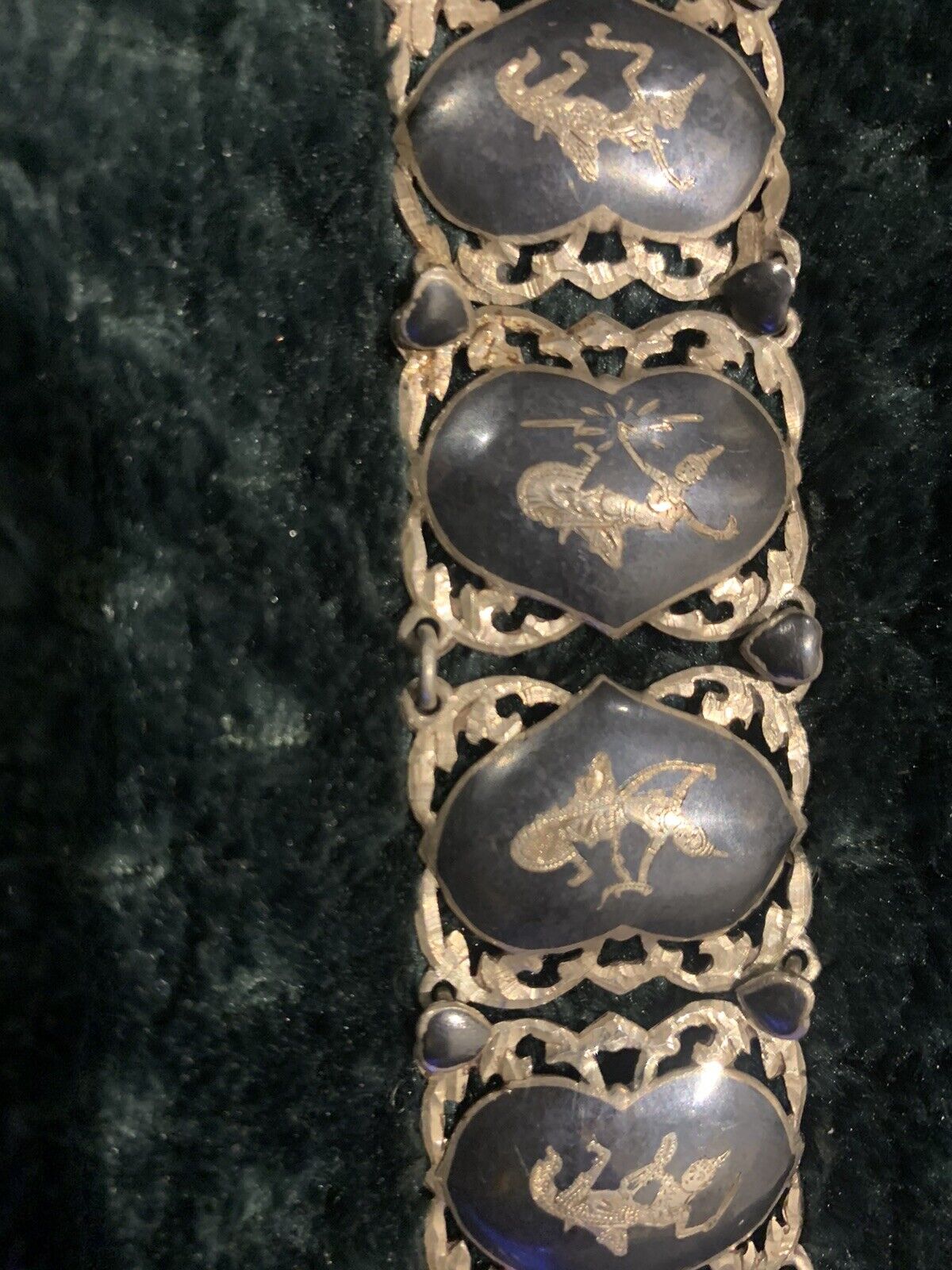 Vintage Siam (Thailand) Silver Niello Enamel Heart Bracelet