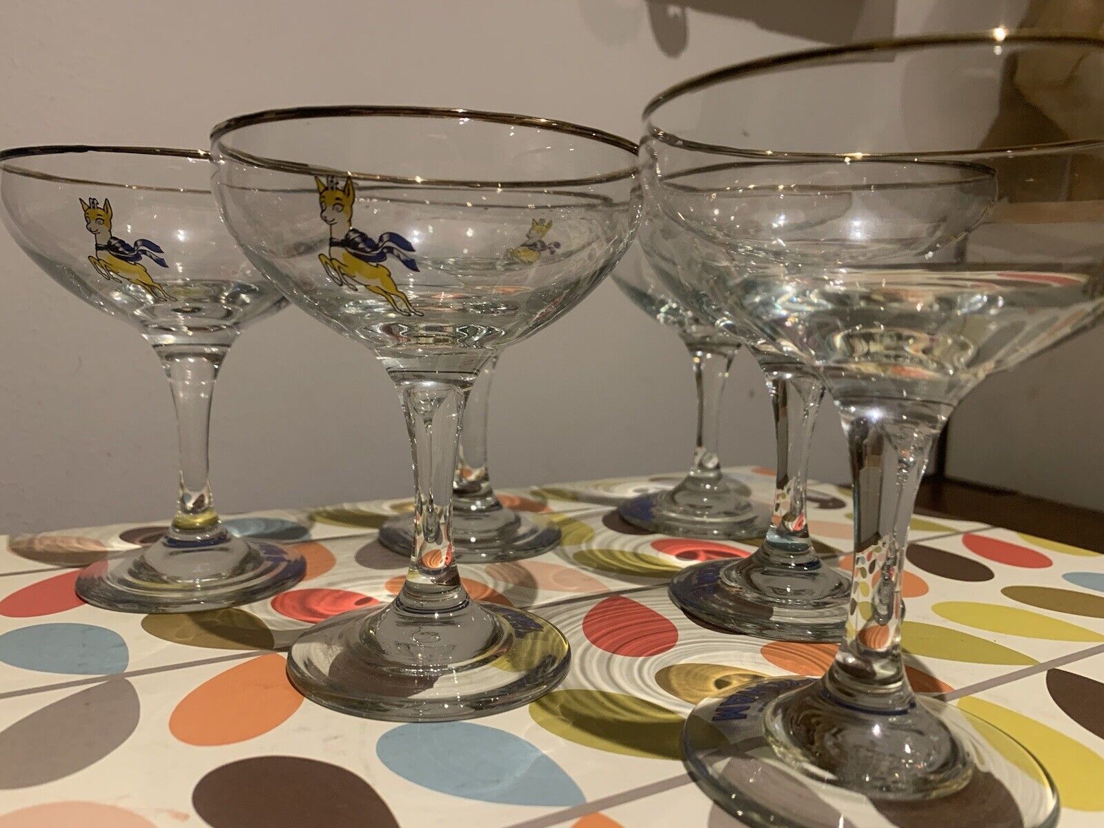 Vintage 1970's x6 Babycham Glasses Champagne Glasses with Gold Rim, Retro