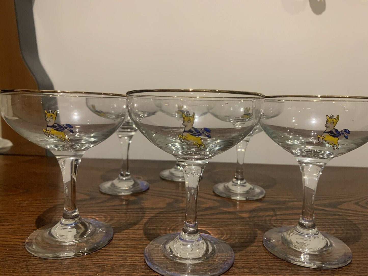 Vintage 1970's x6 Babycham Glasses Champagne Glasses with Gold Rim, Retro