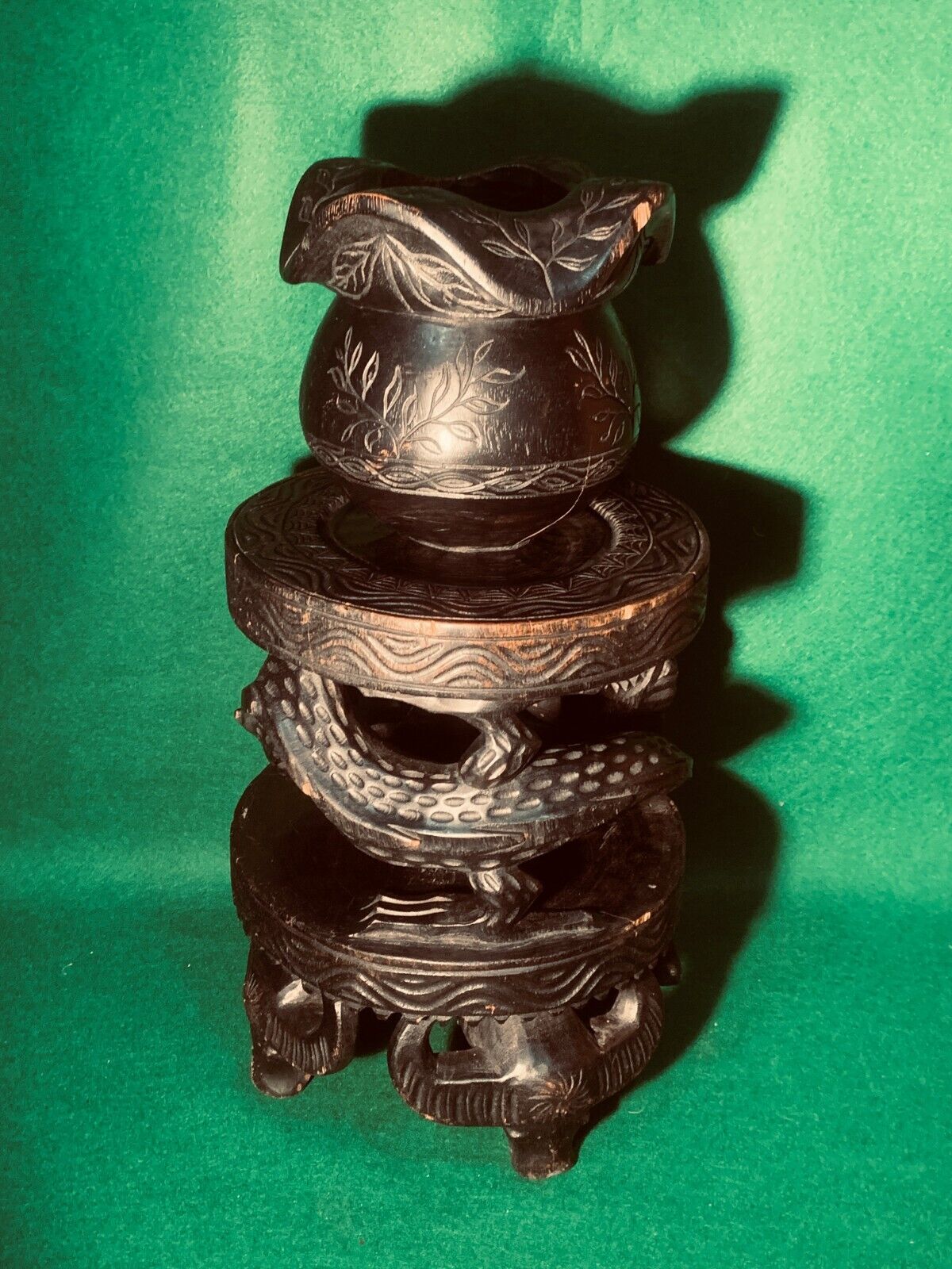 Vintage Hand Carved South East Asian Dragon and Water Buffalo Plant Stand