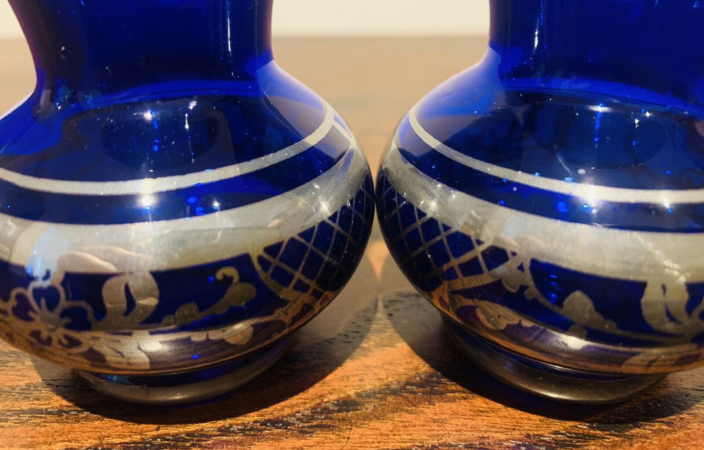 Antique Art Nouveau Victorian Cobalt Blue Glass Vases with Ornate Silver Overlay