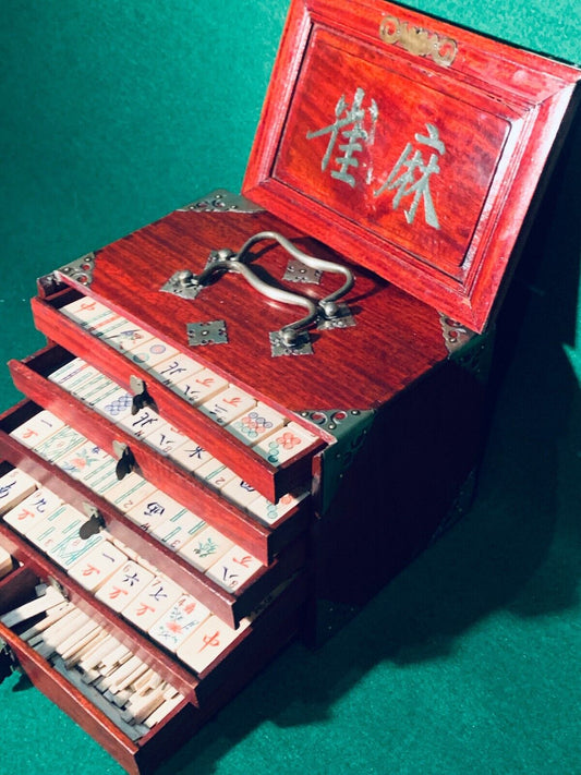 Vintage Mahjong Set of Bone & Bamboo in Mahogany Case