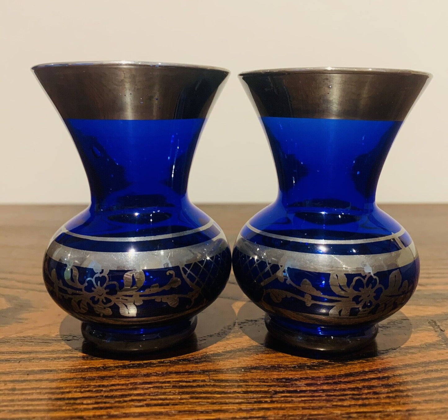 Antique Art Nouveau Victorian Cobalt Blue Glass Vases with Ornate Silver Overlay