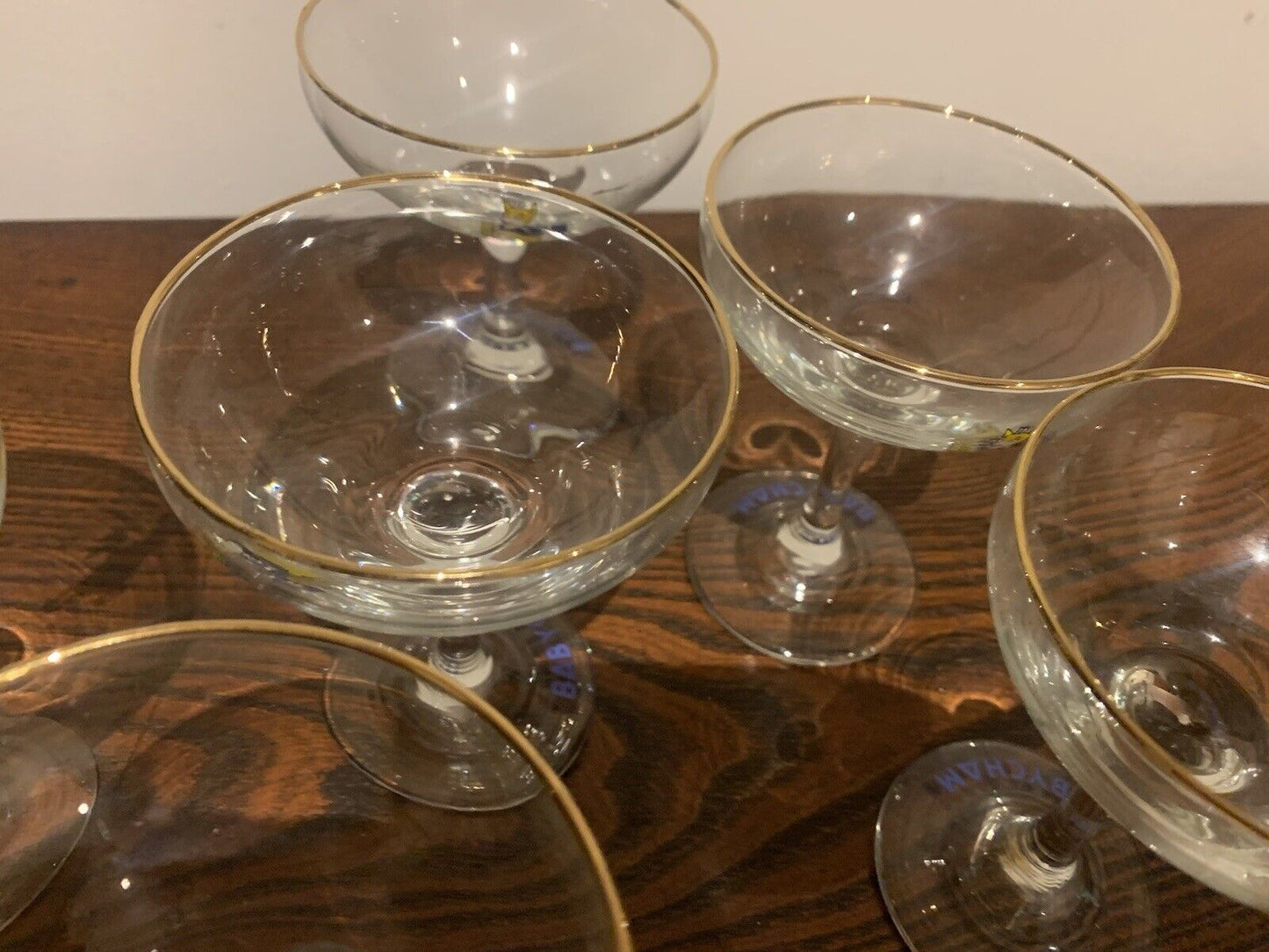 Vintage 1970's x6 Babycham Glasses Champagne Glasses with Gold Rim, Retro