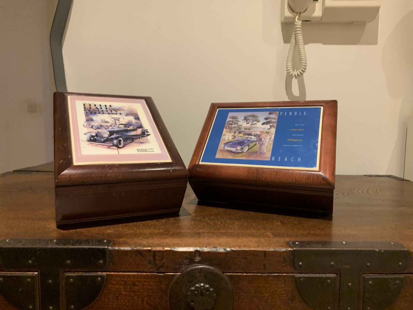 Pair of Vintage Pebble Beach Concours d'Elegance Boxes, Wood & Ceramic '95 & 96.