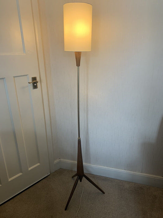 Mid Century Modern Vintage Teak & Brass Tripod Floor Lamp