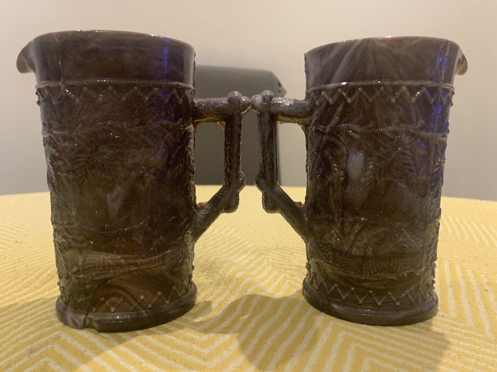 Pair of Victorian 1890's Antique Malachite/Slag Glass Jug, Purple & White