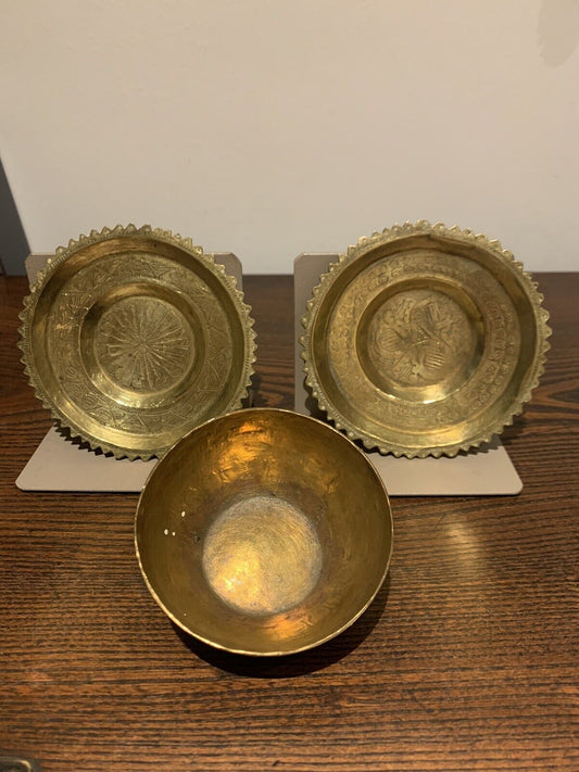 ANTIQUE HANDMADE AFRICAN BIDA NUPE TRIBE BRASS SMALL TRAYS X2 AND ONE OTHER BOWL