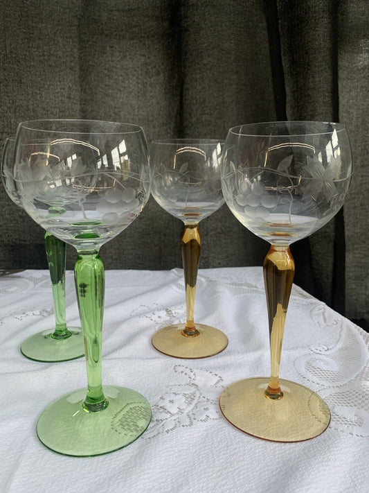 Vintage Bohemian Style Art Nouveau Set of 4 Glasses, clear & green/amber