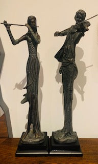 Pair of Vintage Bronze Resin Sculptures of Male Violinist & Female Flutist, Art Deco Style