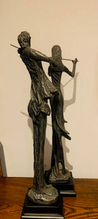 Pair of Vintage Bronze Resin Sculptures of Male Violinist & Female Flutist, Art Deco Style