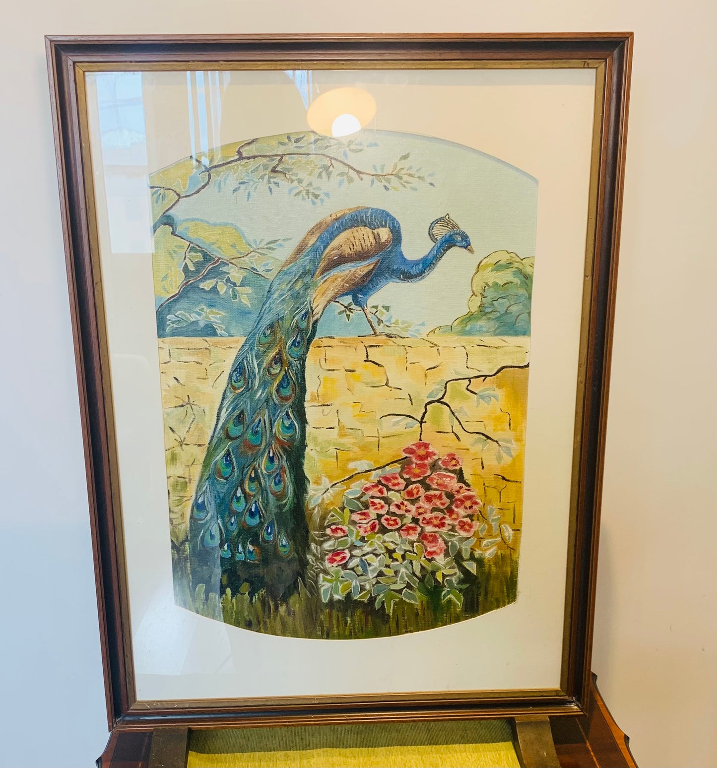 Vintage Hand Painted Peacock Art Deco Style Firescreen Mounted in Original Mahogany Frame, Original Oil Painting, Peacock Painting