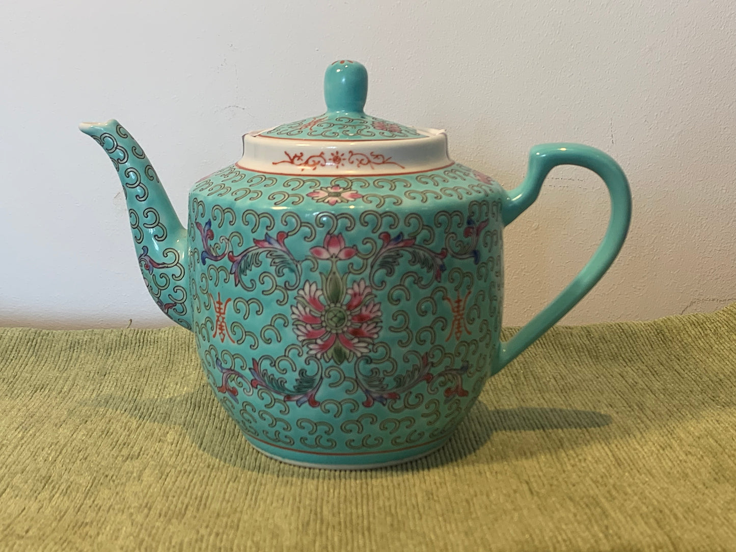 Rare Vintage Chinese Famille Rose Turquoise Jingdezhen Man Shou Enamelled Teapot