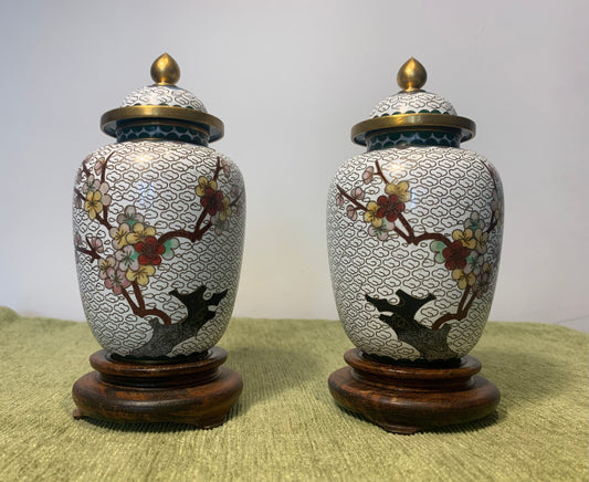 Pair of Vintage Chinese Cloisonné Vases/Ginger Jars with Lids