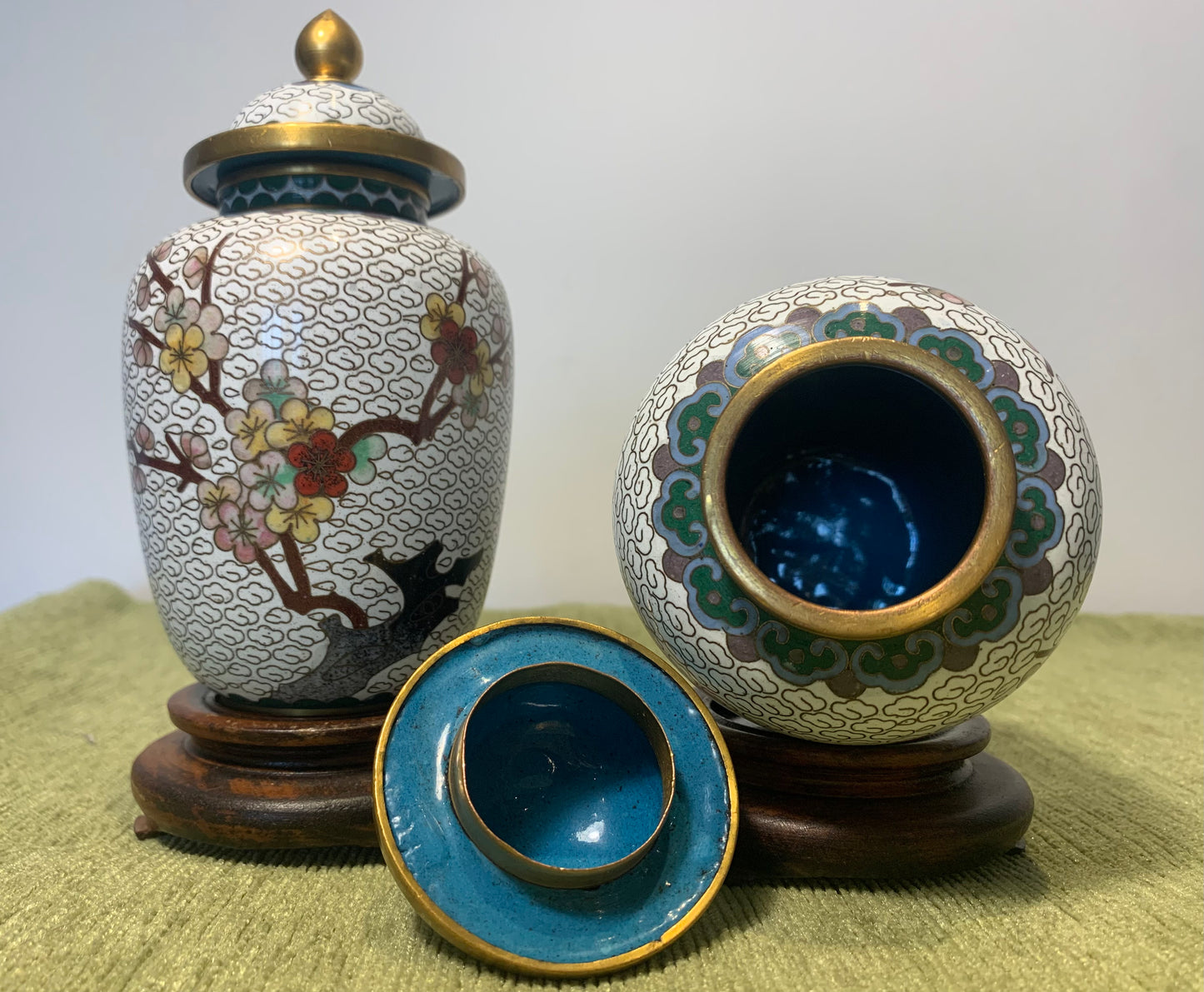 Pair of Vintage Chinese Cloisonné Vases/Ginger Jars with Lids