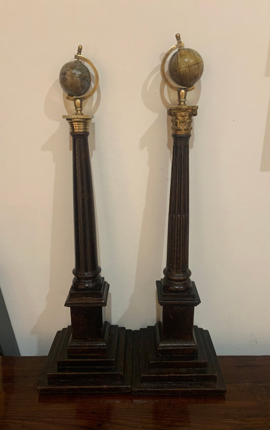 Antique Edwardian (1901-1910) Pair of Masonic Globes on Columns.