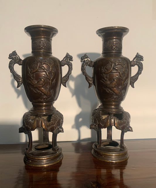 Antique (Meiji Period) Pair of Japanese Bronze Urn Vases, Decorated with Dragons, Birds and Flowers.  1800's. 19th Century.