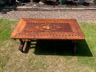 Antique 1800's Victorian Walnut Floral Inlay Stretcher Coffee Table