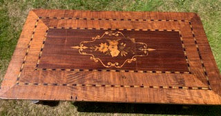 Antique 1800's Victorian Walnut Floral Inlay Stretcher Coffee Table