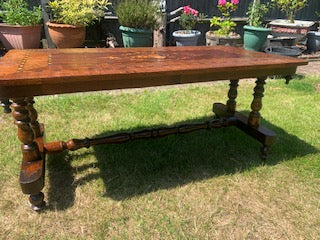 Antique 1800's Victorian Walnut Floral Inlay Stretcher Coffee Table