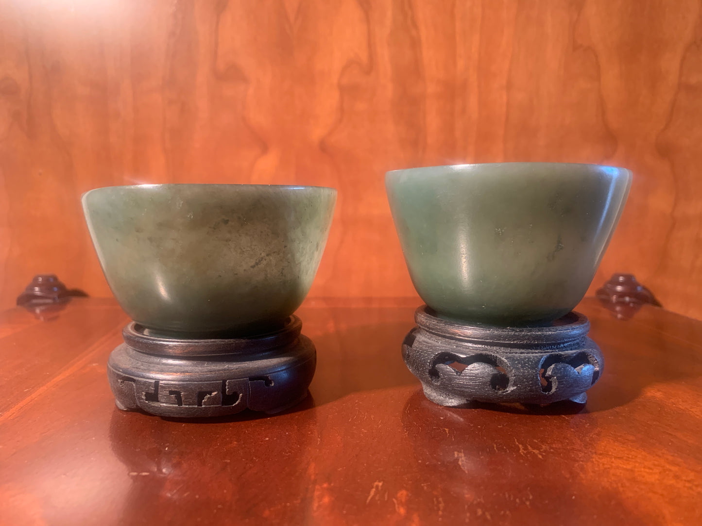 Pair of Antique Qing Dynasty Chinese Spinach Jade Ceremonial Bowls / Tea cups with Wooden Stands