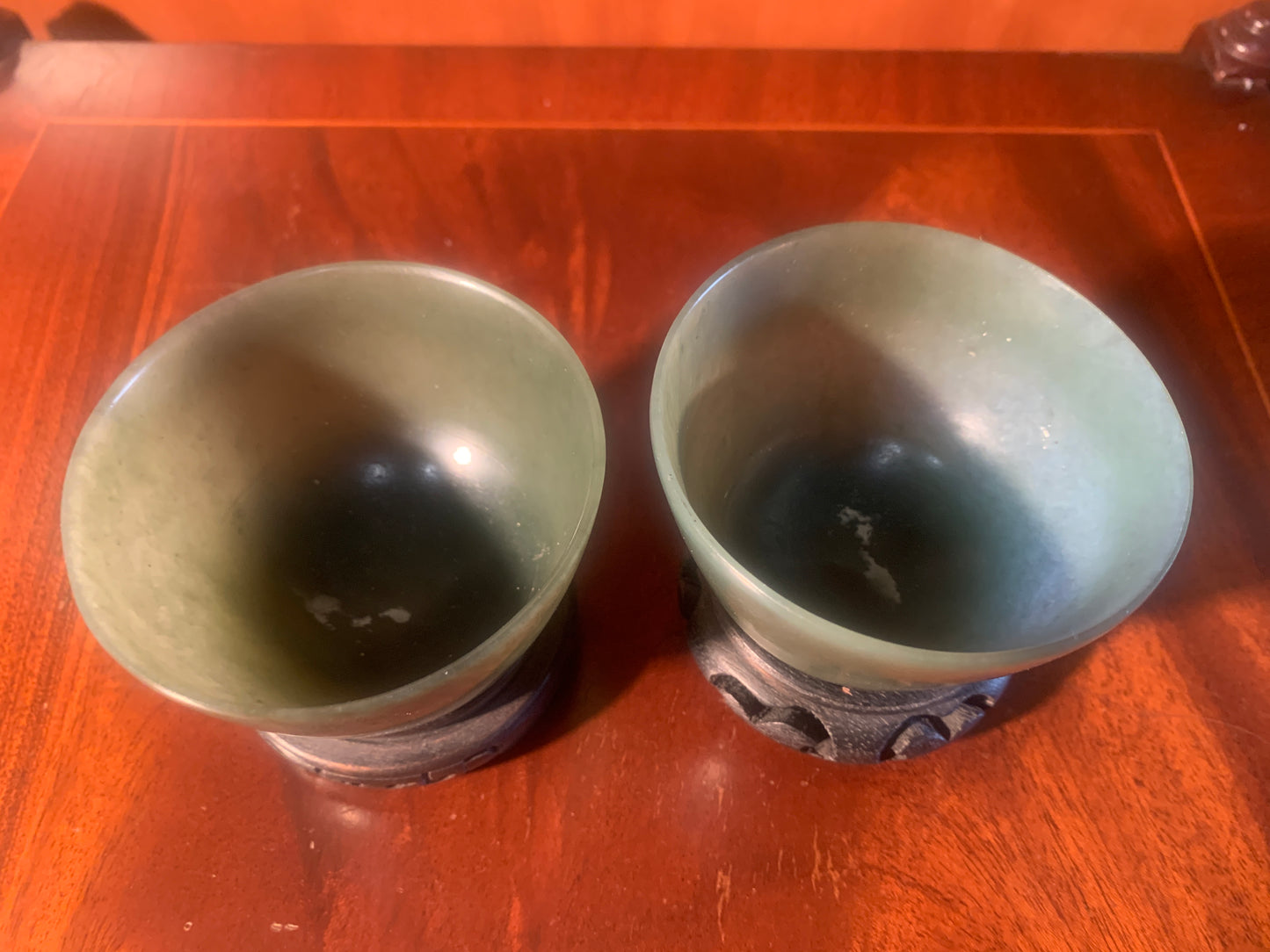 Pair of Antique Qing Dynasty Chinese Spinach Jade Ceremonial Bowls / Tea cups with Wooden Stands