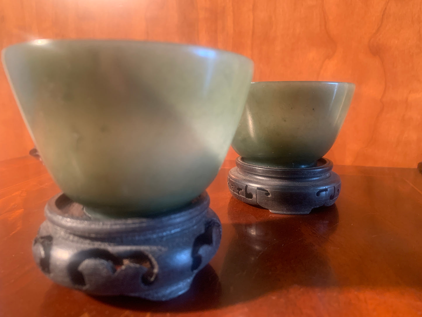 Pair of Antique Qing Dynasty Chinese Spinach Jade Ceremonial Bowls / Tea cups with Wooden Stands