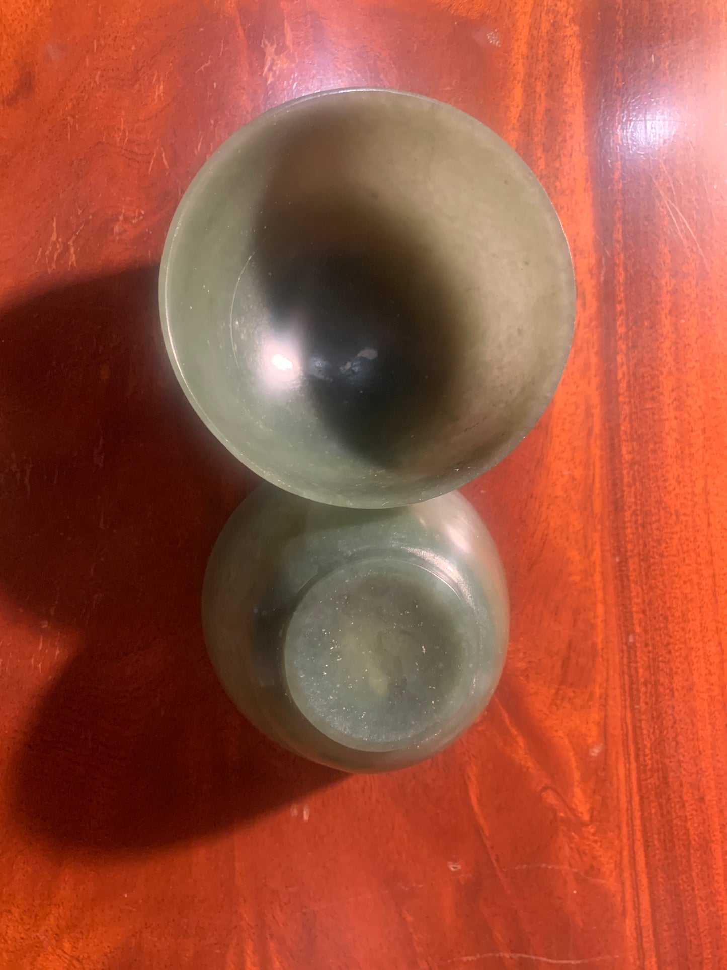 Pair of Antique Qing Dynasty Chinese Spinach Jade Ceremonial Bowls / Tea cups with Wooden Stands