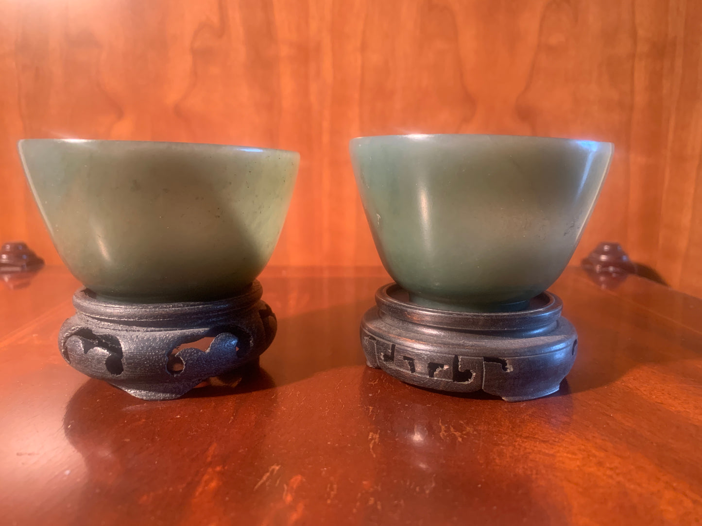 Pair of Antique Qing Dynasty Chinese Spinach Jade Ceremonial Bowls / Tea cups with Wooden Stands