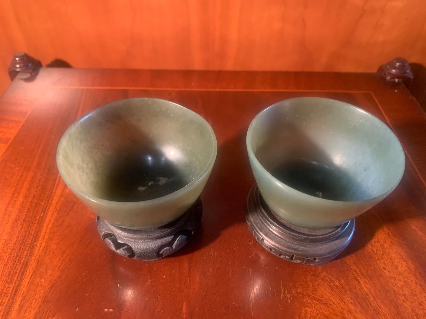 Pair of Antique Qing Dynasty Chinese Spinach Jade Ceremonial Bowls / Tea cups with Wooden Stands