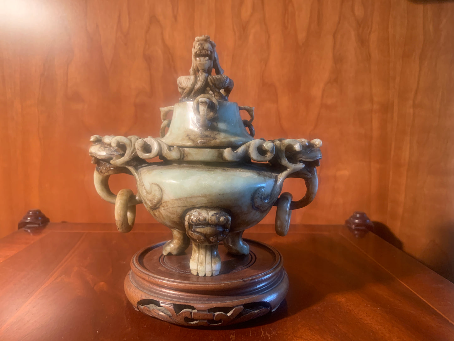 Vintage Chinese Soapstone Incense Burner, Tripod Feet, Foo Dog Finials & Dragon Head.