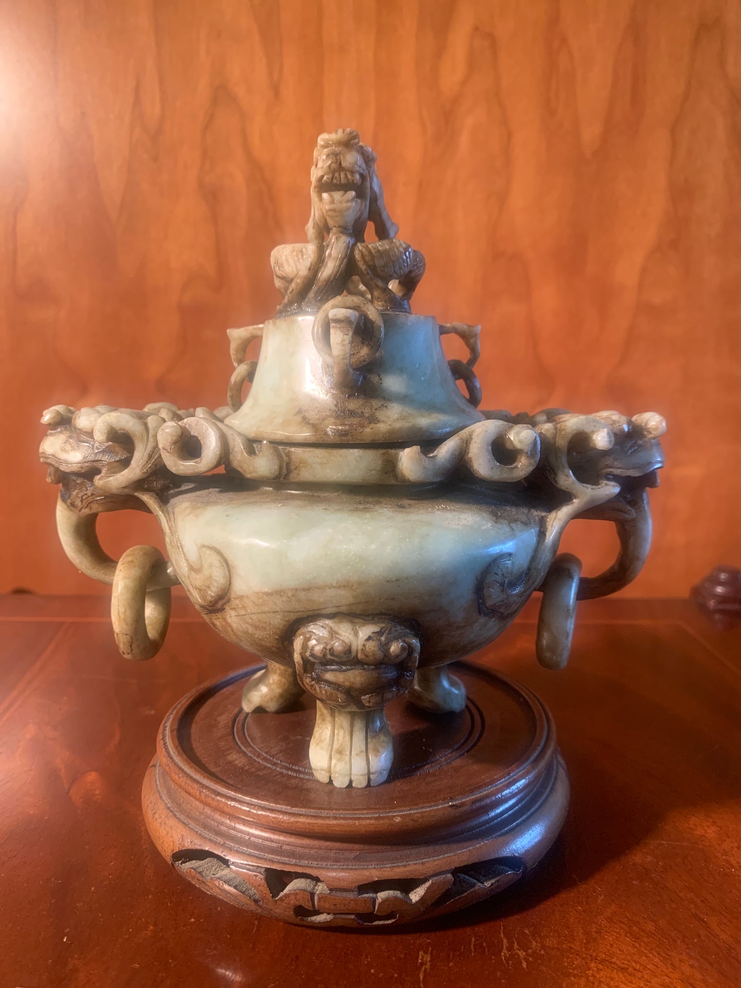 Vintage Chinese Soapstone Incense Burner, Tripod Feet, Foo Dog Finials & Dragon Head.