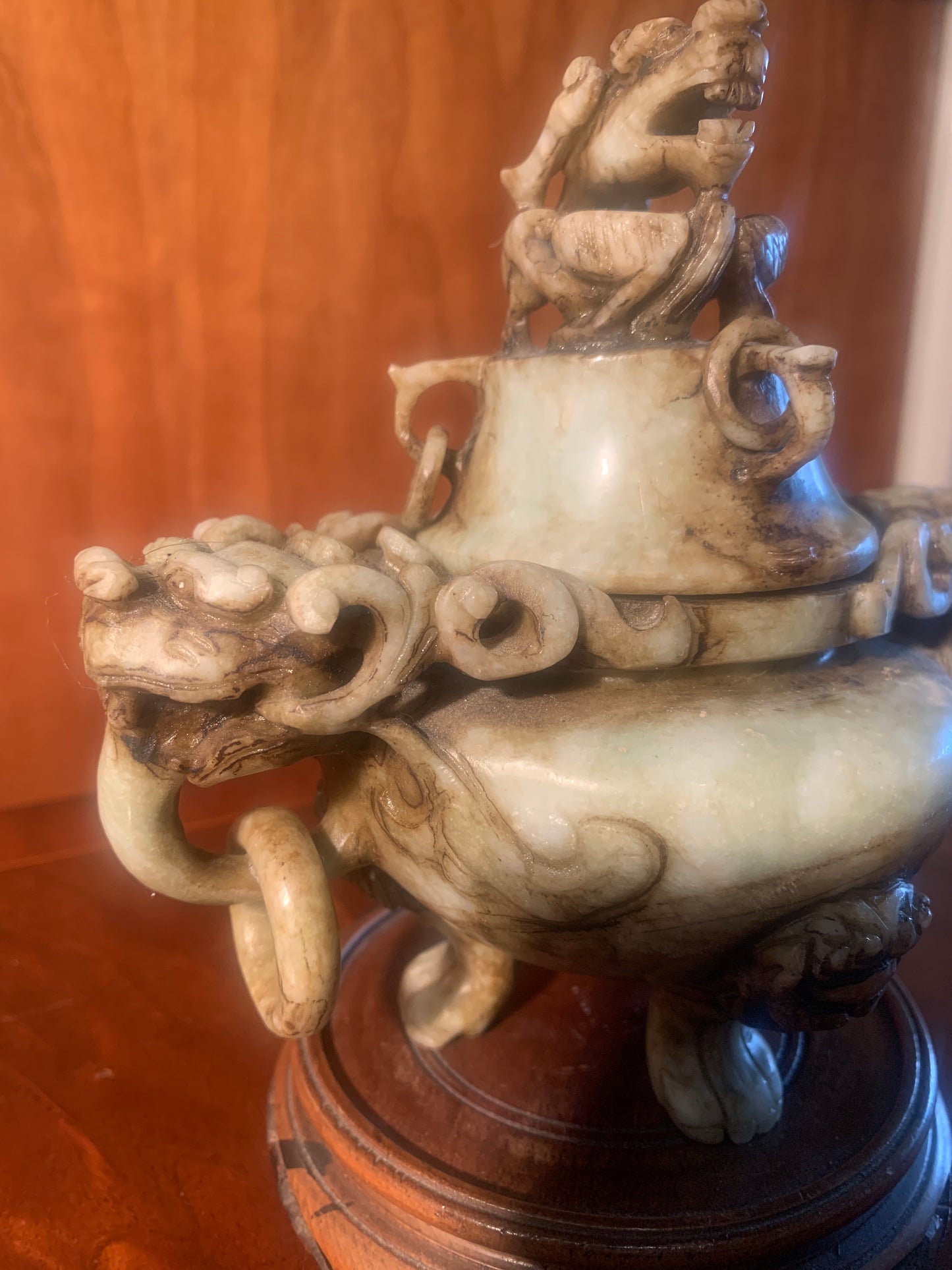 Vintage Chinese Soapstone Incense Burner, Tripod Feet, Foo Dog Finials & Dragon Head.