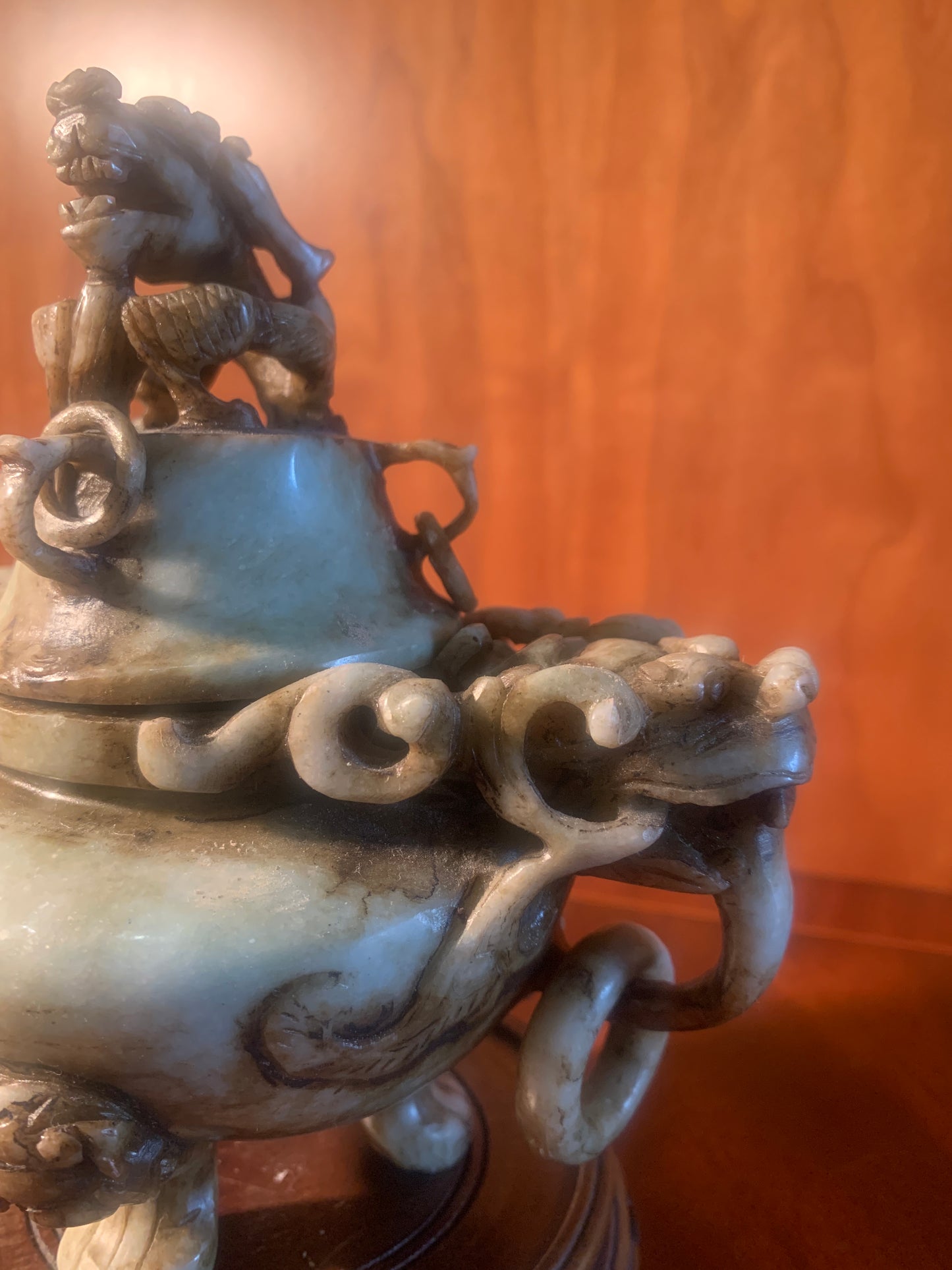 Vintage Chinese Soapstone Incense Burner, Tripod Feet, Foo Dog Finials & Dragon Head.