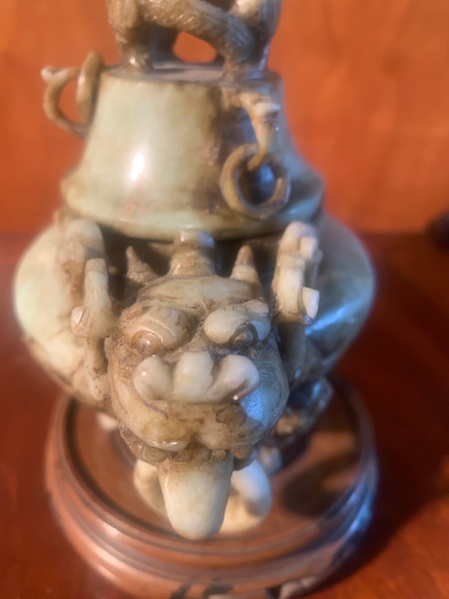 Vintage Chinese Soapstone Incense Burner, Tripod Feet, Foo Dog Finials & Dragon Head.