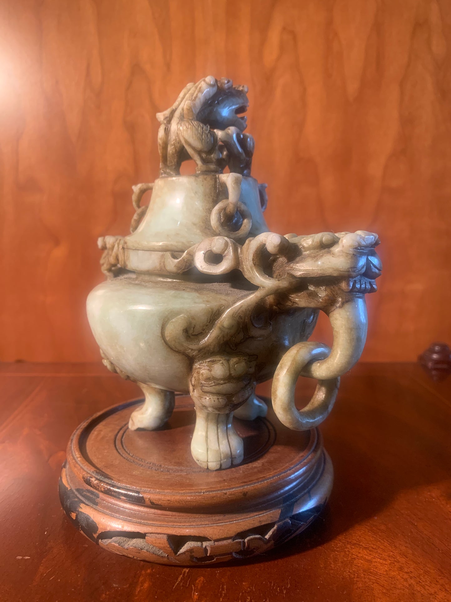 Vintage Chinese Soapstone Incense Burner, Tripod Feet, Foo Dog Finials & Dragon Head.