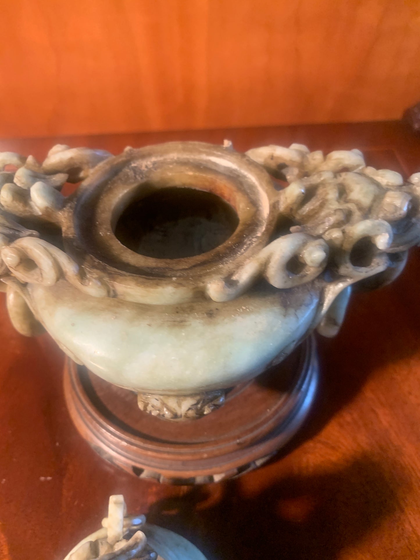 Vintage Chinese Soapstone Incense Burner, Tripod Feet, Foo Dog Finials & Dragon Head.