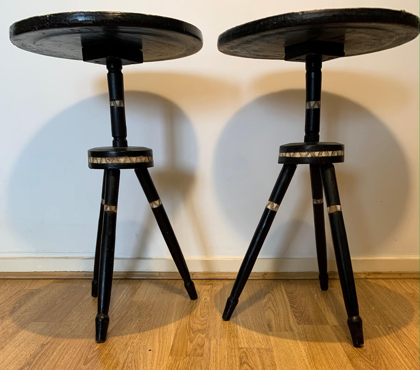 Pair of Rare 1960's Handmade & Unusual Moorish Tables, Tripod Legs, Delicate Inlay/Mosaic