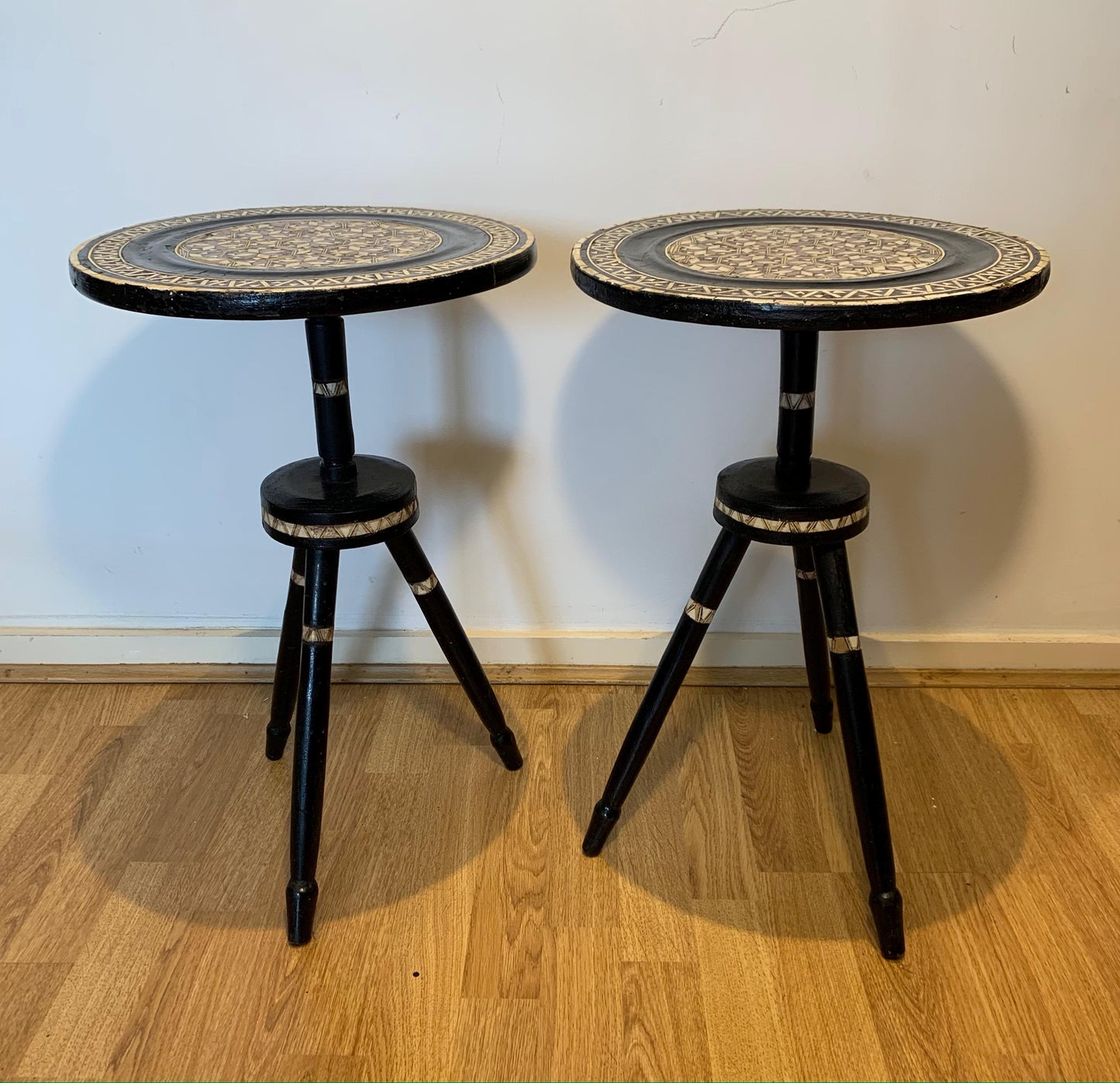 Pair of Rare 1960's Handmade & Unusual Moorish Tables, Tripod Legs, Delicate Inlay/Mosaic