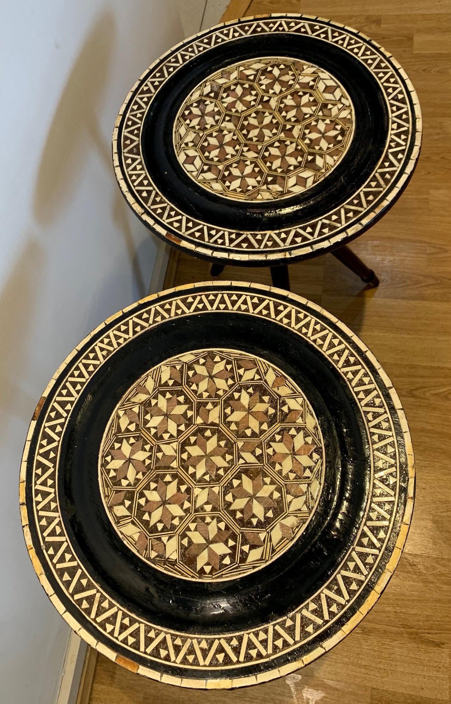 Pair of Rare 1960's Handmade & Unusual Moorish Tables, Tripod Legs, Delicate Inlay/Mosaic