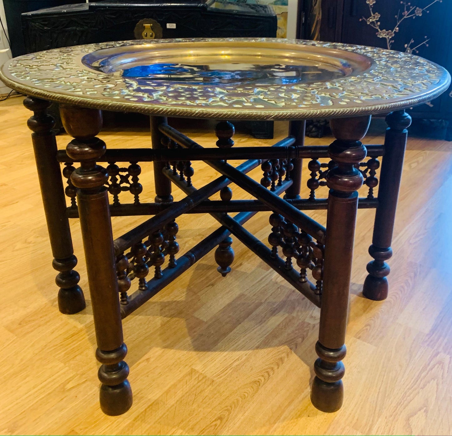 1970's Vintage, Moroccan/Persian Large Embossed Brass Folding Hardwood Table / Tiffin Tray.