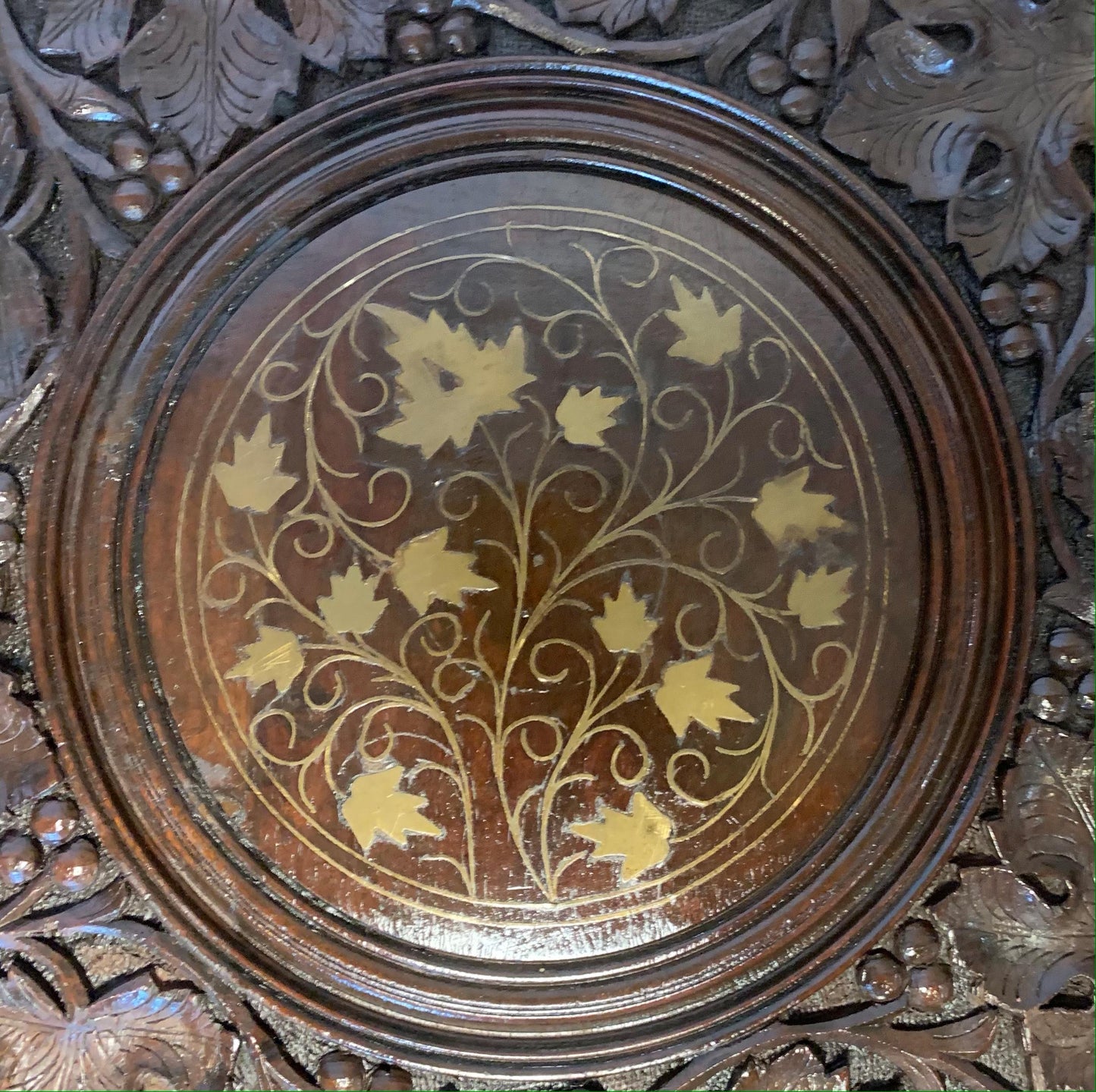 Vintage Mid Century, Rosewood Anglo/Indian Folding Side Table with Brass Floral Inlay Design