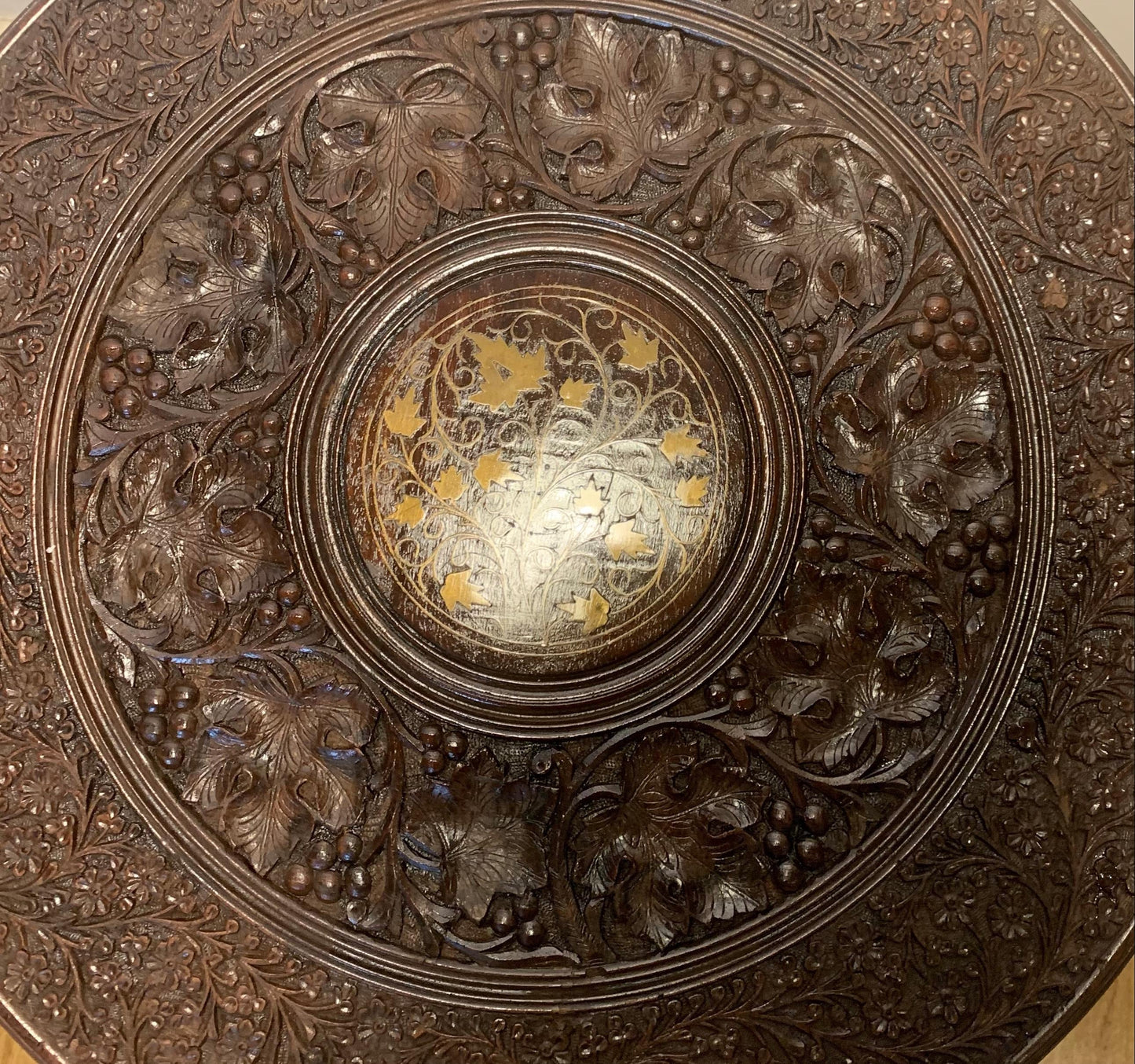 Vintage Mid Century, Rosewood Anglo/Indian Folding Side Table with Brass Floral Inlay Design