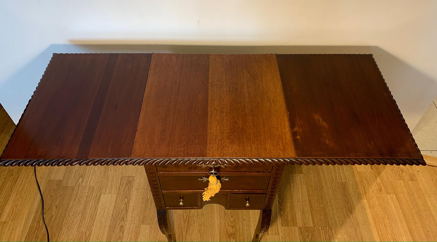 Antique 19th Century Mahogany Pembroke Table, 5 Drawers, Carved Legs & Lion Feet