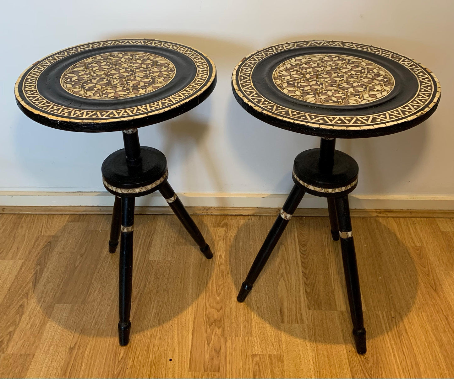 Pair of Rare 1960's Handmade & Unusual Moorish Tables, Tripod Legs, Delicate Inlay/Mosaic