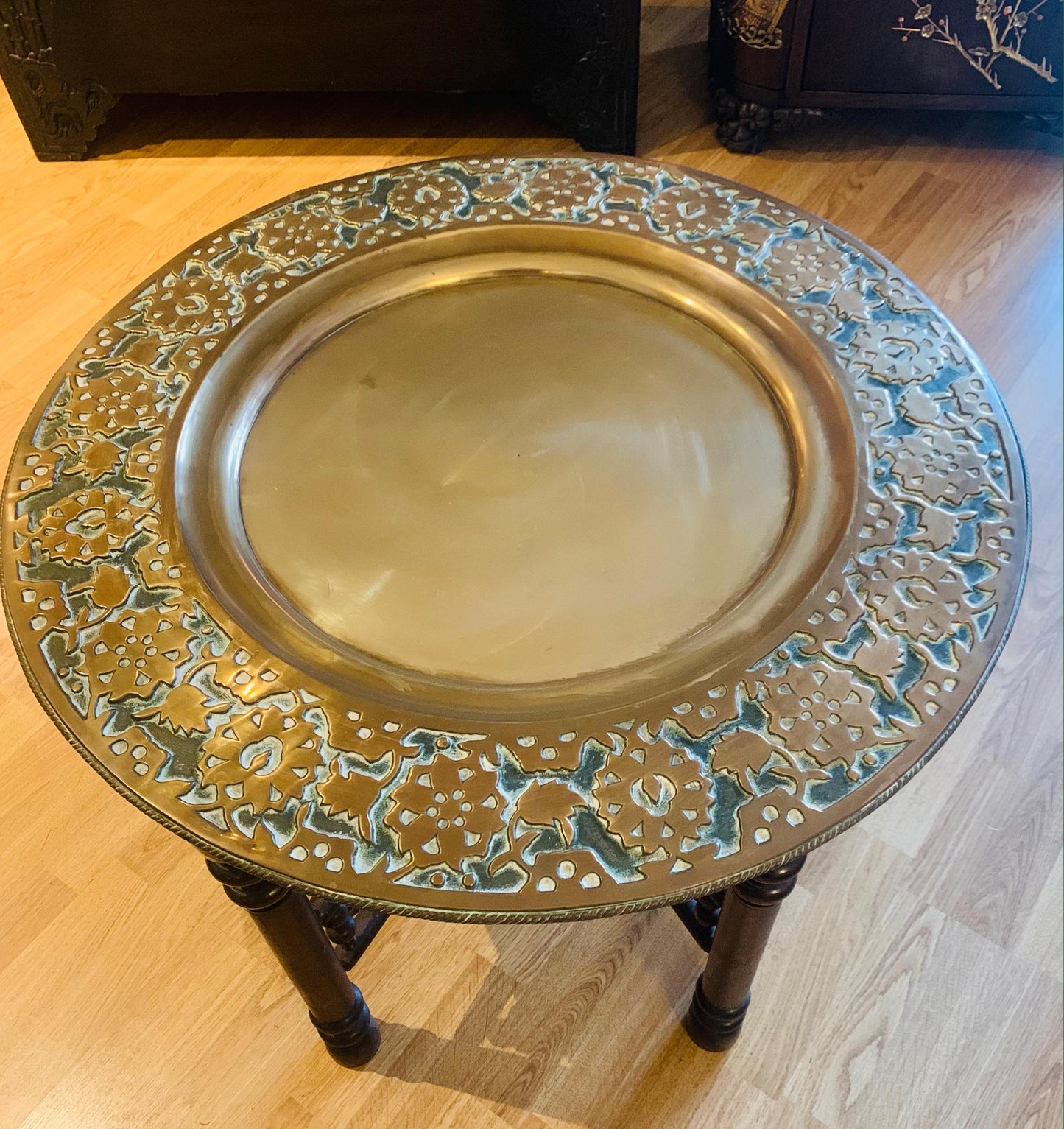 1970's Vintage, Moroccan/Persian Large Embossed Brass Folding Hardwood Table / Tiffin Tray.