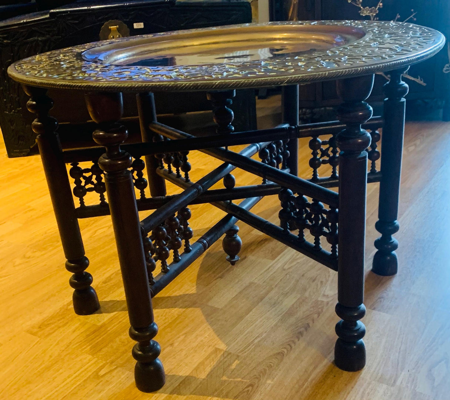 1970's Vintage, Moroccan/Persian Large Embossed Brass Folding Hardwood Table / Tiffin Tray.