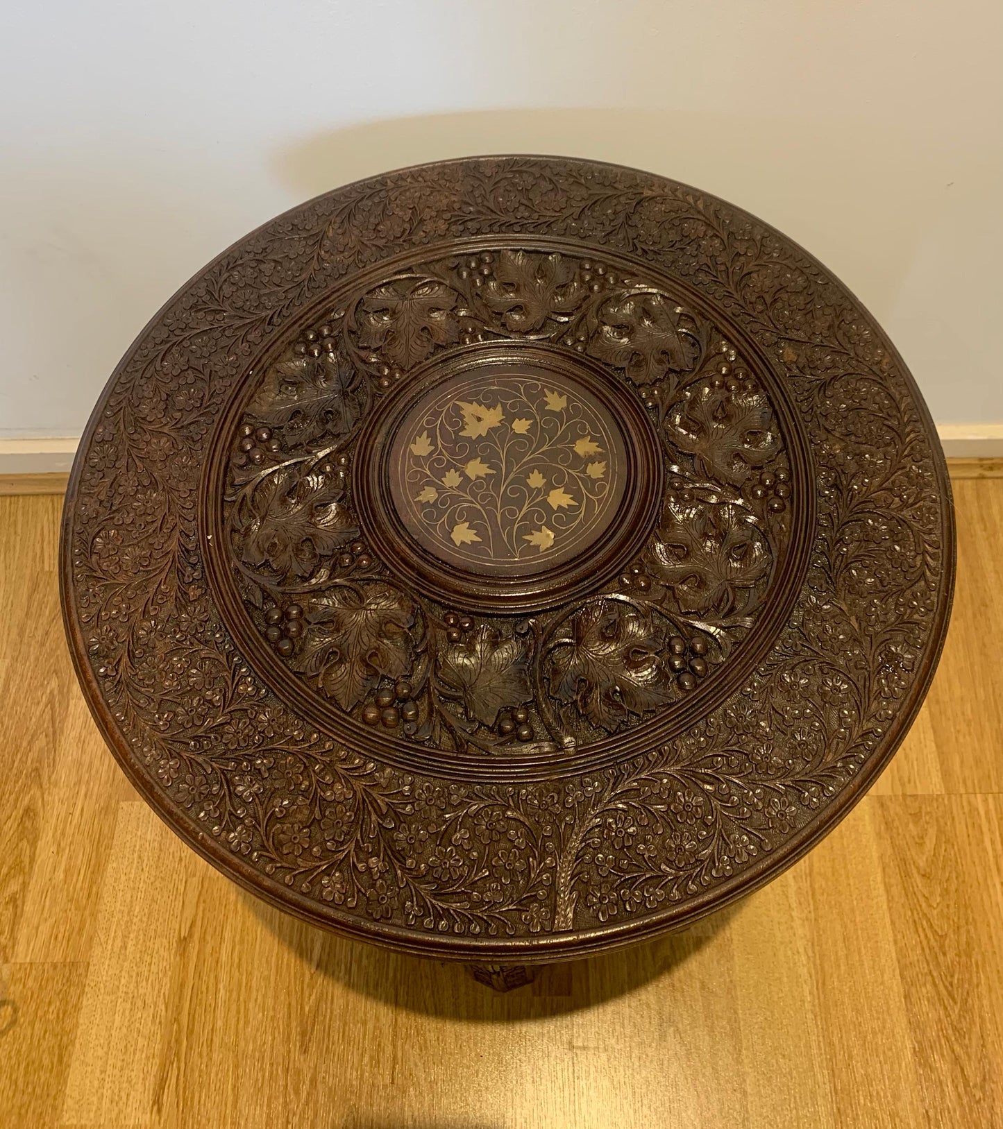 Vintage Mid Century, Rosewood Anglo/Indian Folding Side Table with Brass Floral Inlay Design