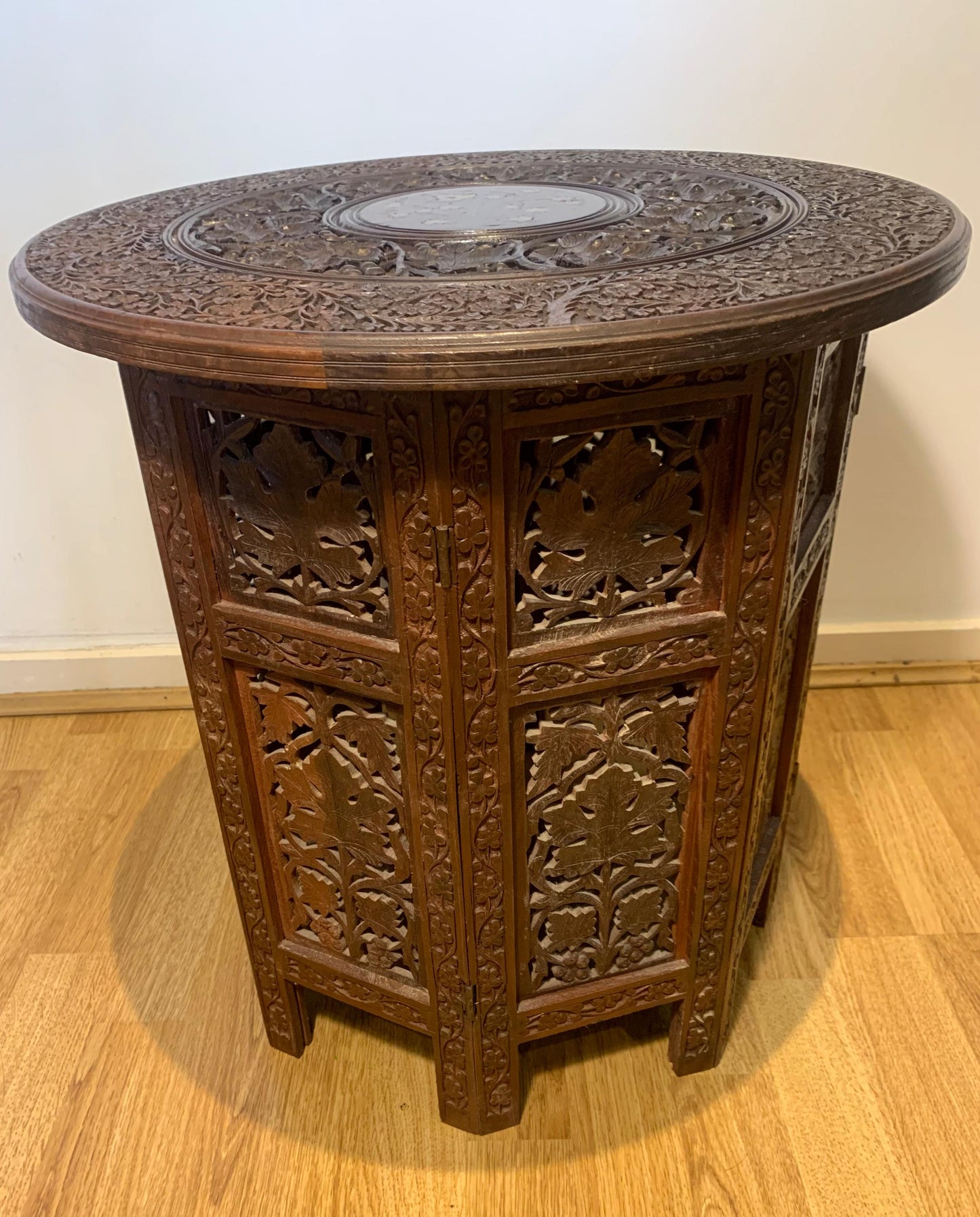 Vintage Mid Century, Rosewood Anglo/Indian Folding Side Table with Brass Floral Inlay Design