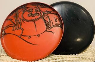 2 Vintage Japanese Wooden Laquer Serving Trays (Obon) with 2 of the 7 Lucky Gods